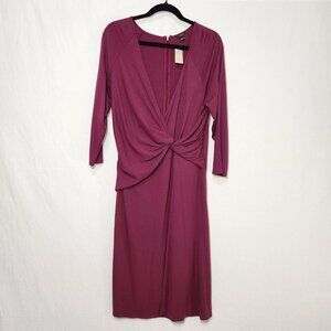 ANN TAYLOR Executive Girl Stretchy Red Wine Faux Wrap Surplice Dress Size L NEW